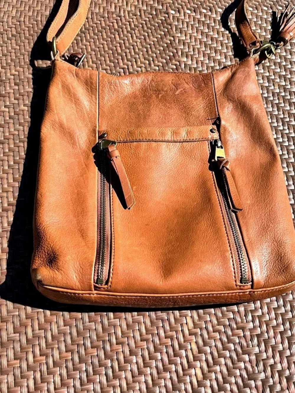 The Sak Collective Cognac Brown Leather Crossbody Shoulder Bag Boho Distressed